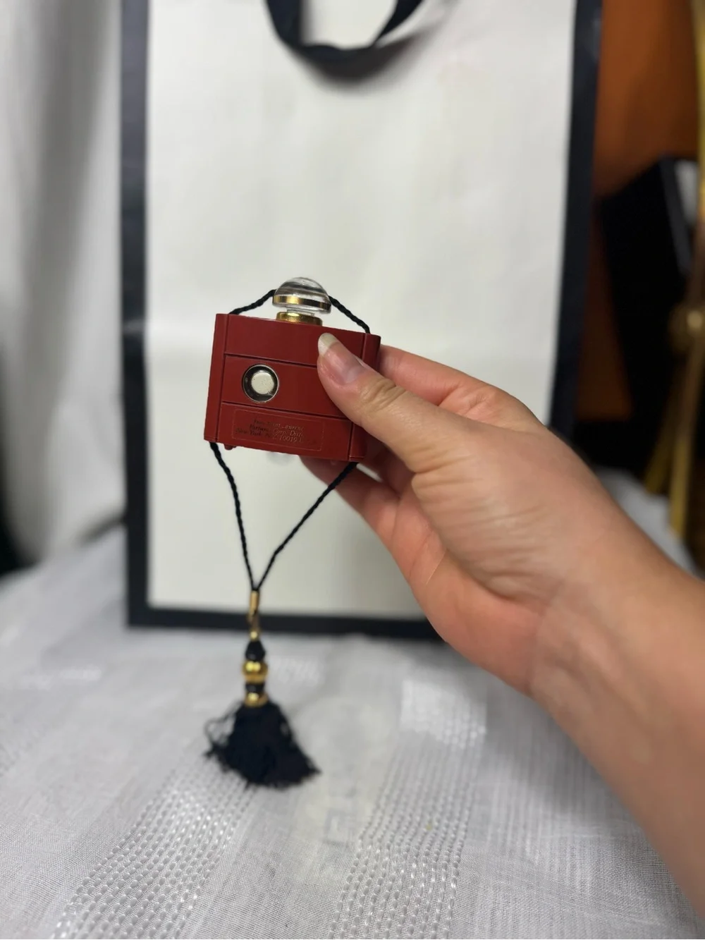Vintage 80s Collector Yves Saint Laurent Red Black Opium Bottle Pendant Tassel
